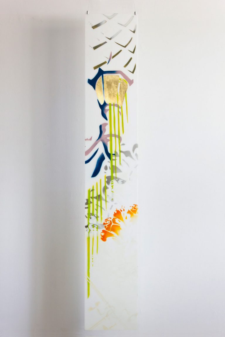 A tall abstract painting of a street light painted by Teale Hatheway and hanging in a gallery. The colors are blue, lavender, citron green and white, punctuated with orange. The idea was to create contemporary paintings of historic architecture. Titled "Seclusion."