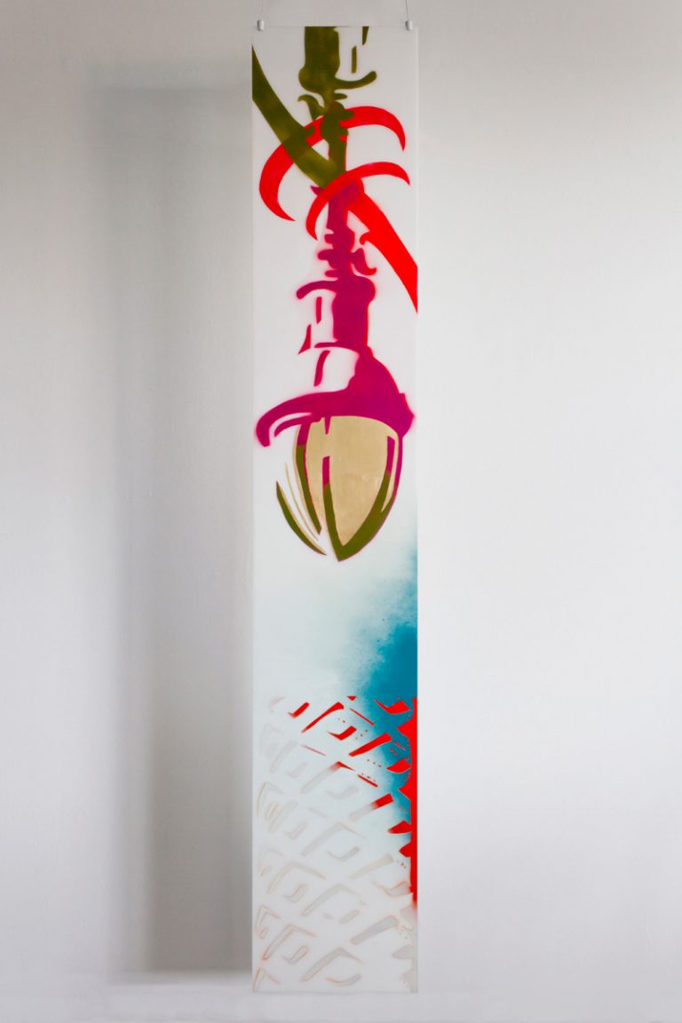 A tall abstract painting of an old industrial street light painted by Teale Hatheway and hanging in her studio. The colors are magenta, red, and blue on white. The idea was to create contemporary paintings of historic architecture. Titled "Function."