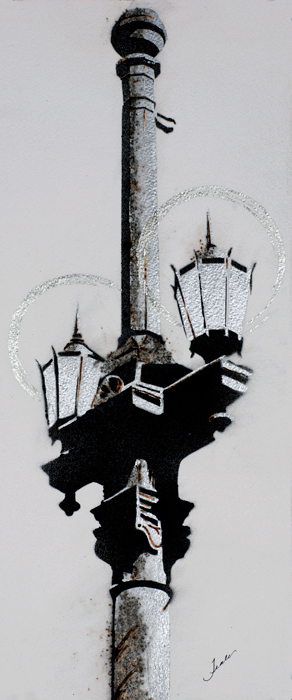a monochromatic cityscape painting of a beautiful, gothic street light by Teale Hatheway.