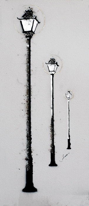 a monochromatic cityscape painting of street lights in Chinatown by Teale Hatheway.