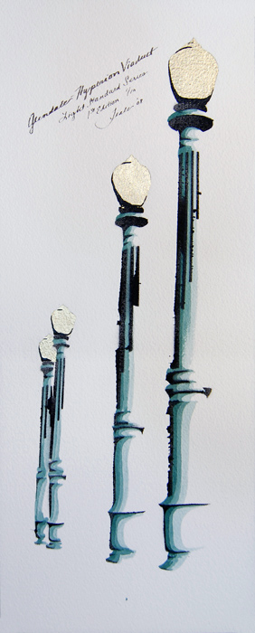 A turquoise, white and black painting of a row of turquoise green street lights which line the Glendale Hyperion Bridge over the Los Angeles River