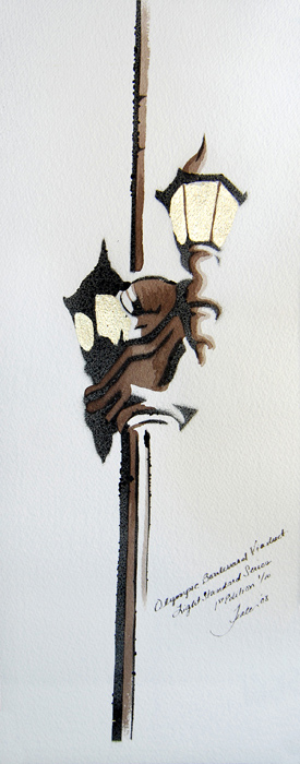 A watercolor and stencil painting of an old street light on the Olympic Boulevard Bridge over the LA River. This is a earth brown, black, white and gold painting.