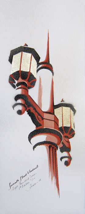 A watercolor painting in, red and black, of an old street light on the 7th street bridge in los angeles. The gold leaf in the lanterns makes them glow.