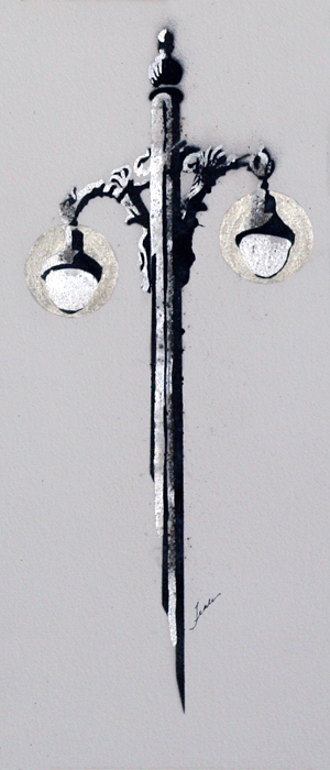 a monochromatic cityscape painting of a street light at Union Station in Los Angeles by Teale Hatheway.