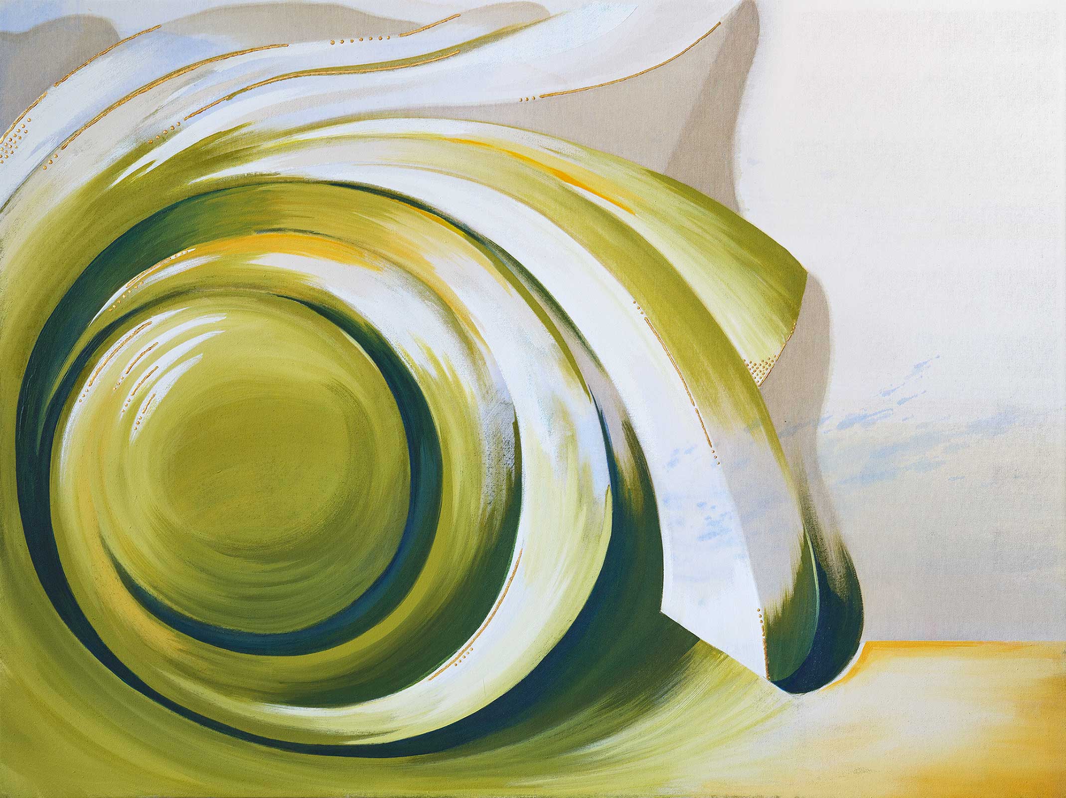 Furl No 2 - Architectural Detail painting in green, white, yellow acrylic and gold leaf, by Teale Hatheway