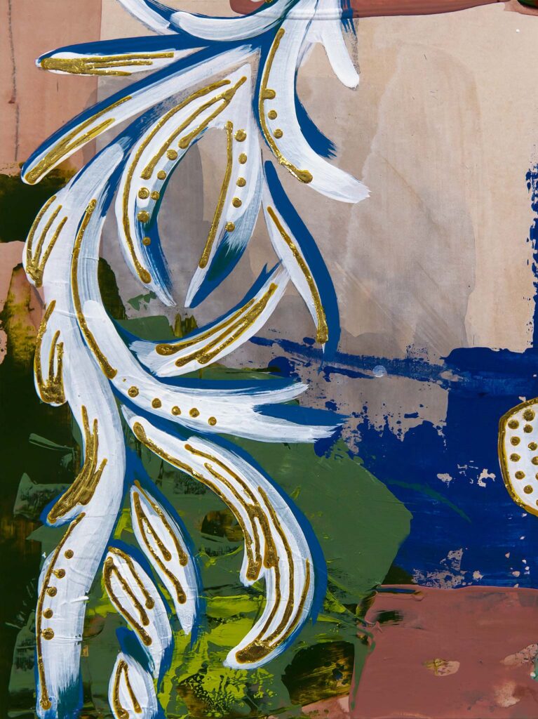 Abstract architectural painting by Teale Hatheway featuring a scrolling neoclassical rinceau motif in white and blue with gold leaf embellishments. The stylized foliate tendrils sweep diagonally across a layered background of olive green, cobalt blue, and soft parchment, evoking classical ornament through contemporary brushwork and color.