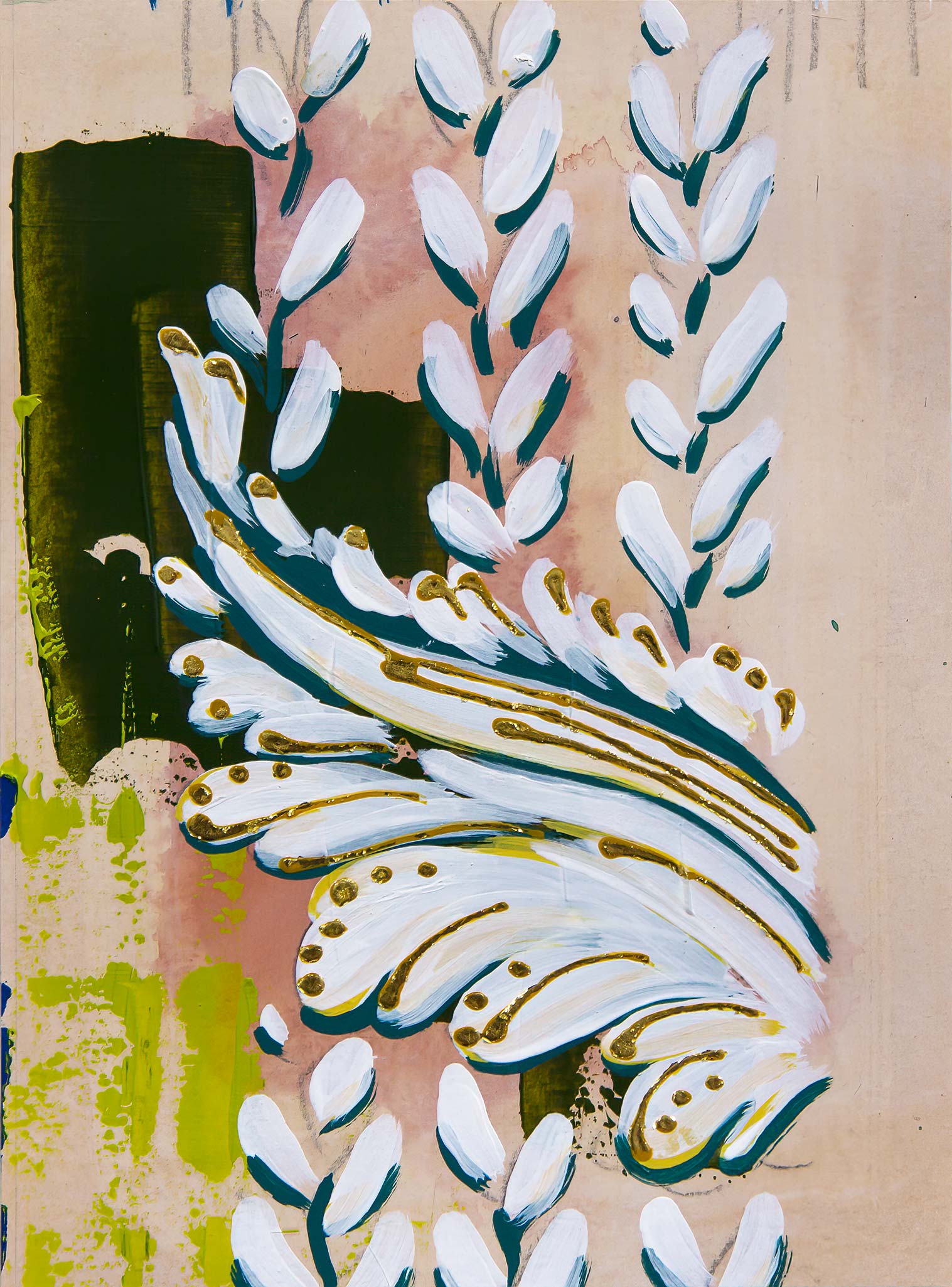 Abstract architectural painting by Teale Hatheway featuring a neoclassical scroll motif surrounded by stylized laurel or olive branch forms. The composition layers expressive white and teal brushstrokes with gilded detailing over a blush-toned background, evoking classical ornamentation with movement, rhythm, and contemporary color.