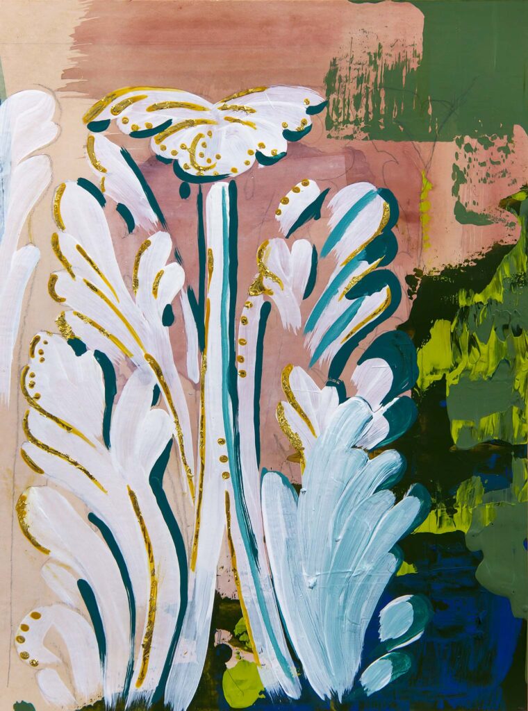 Abstract architectural painting by Teale Hatheway featuring a stylized classical anthemion or acanthus motif, with flaring leaf forms and a central flower-like flourish. Painted in white, teal, and gold over a textured blush, green, and indigo background, the composition reinterprets historic ornament through expressive, contemporary mark-making.