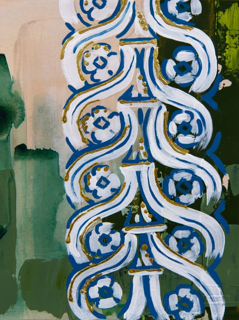 Abstract architectural painting by Teale Hatheway featuring a stylized guilloche motif composed of interlaced scrolls and rosettes. Painted in white, cobalt blue, and gold against a parchment and green-toned background, the work reinterprets classical border ornament with bold color and expressive brushwork.
