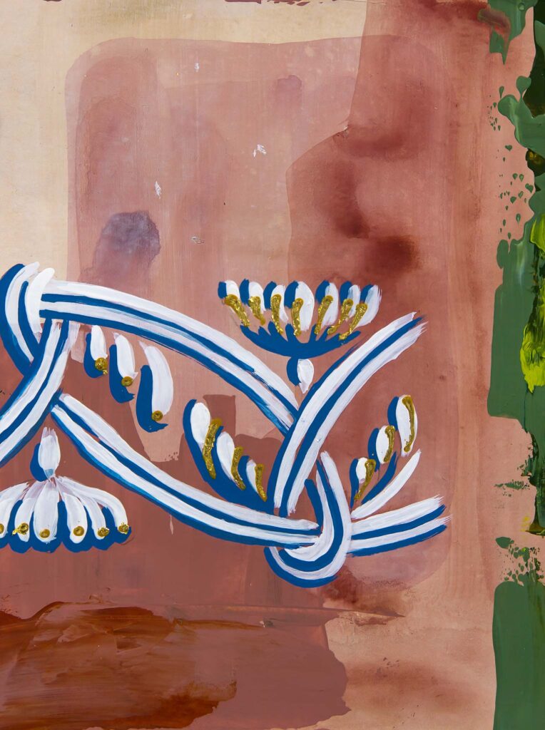 Architectural detail painting of a low-relief ornamental motif featuring interlaced ribbon-like forms and stylized classical palmettes, rendered in white and cobalt blue with gilded accents. The knotted design evokes guilloche or Celtic knotwork, set against a painterly rose-toned ground with deep green edges.