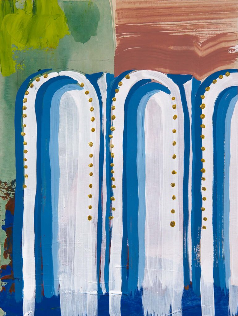 Abstract architectural painting featuring a rhythmic band of arched forms, an architectural arcade motif, painted in bold white and cobalt blue against a textured backdrop of terracotta, moss green, and pale aqua. Vertical brushstrokes elongate the arches like slender columns, each accentuated by a trail of delicate gold dots tracing their curves. The composition evokes the formality of classical architecture with a modern painterly looseness.