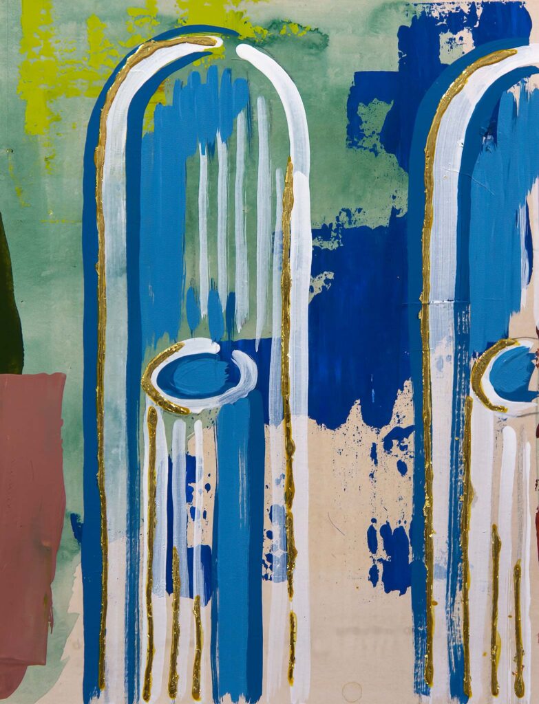 A stylized architectural painting featuring elongated arcade-like arches outlined in cobalt blue, white, and gilded accents. Each arch is vertically stretched with expressive brushwork, while a central, tubular blue form sits within the middle of each arch, bordered in white and highlighted with gold. The arches are edged with raised gold lines that lend a sense of gilded grandeur. The composition evokes a modern reinterpretation of classical architectural arcades, infused with movement, depth, and painterly texture.