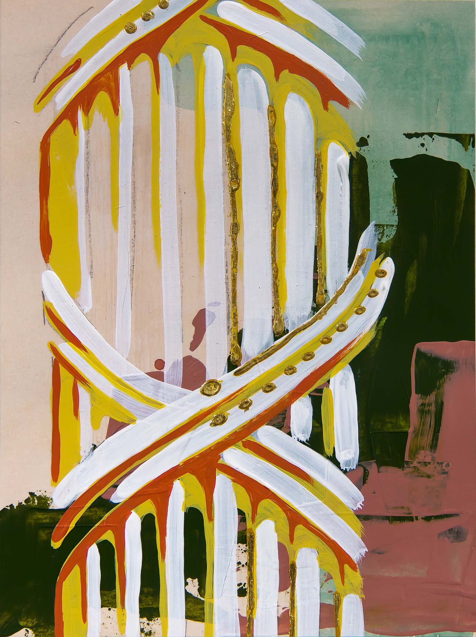 Abstract architectural painting of a neoclassical column detail, rendered in bold strokes of white, yellow, and terracotta with gilded accents. The hand-painted composition by Teale Hatheway evokes classical ornament through expressive color, layered texture, and gestural form on paper.