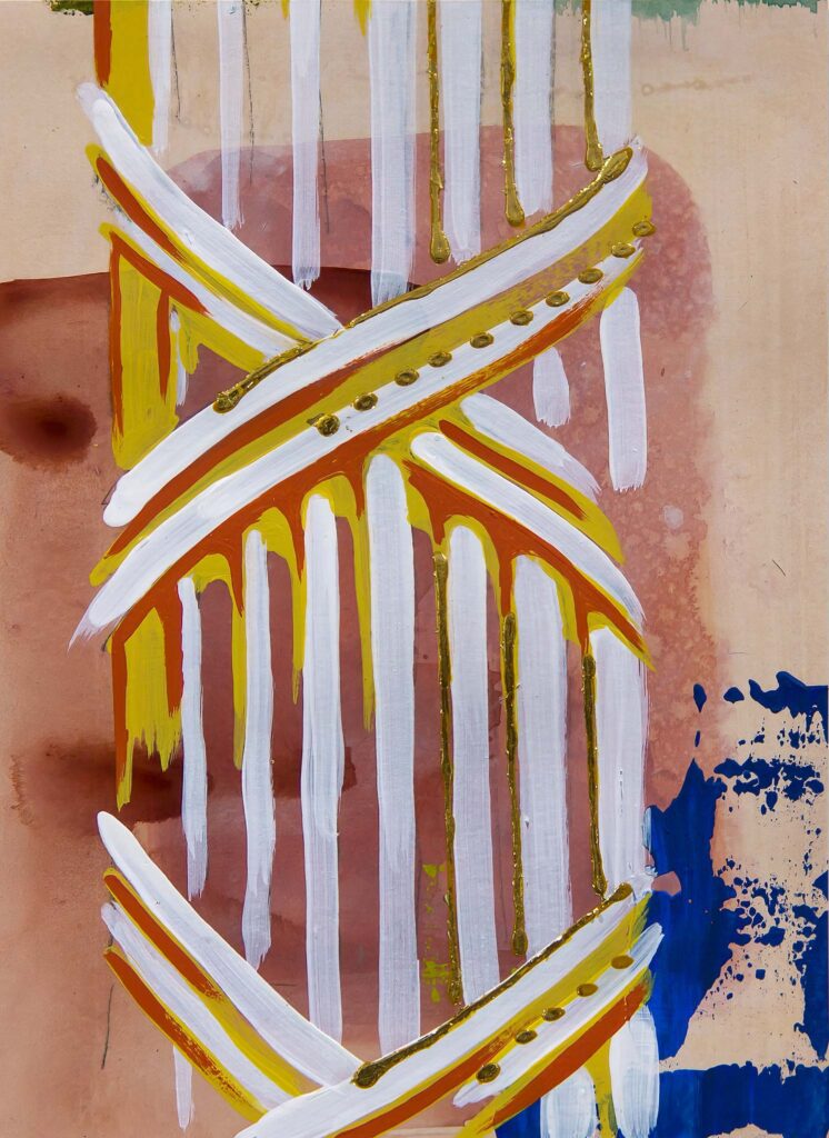 Abstract architectural painting of a neoclassical column motif by Teale Hatheway, featuring layered vertical white strokes, gold leaf accents, and crossed ornamental bands on a rose-toned background with splashes of cobalt blue. A contemporary exploration of classical architectural detail, color, and spirit.