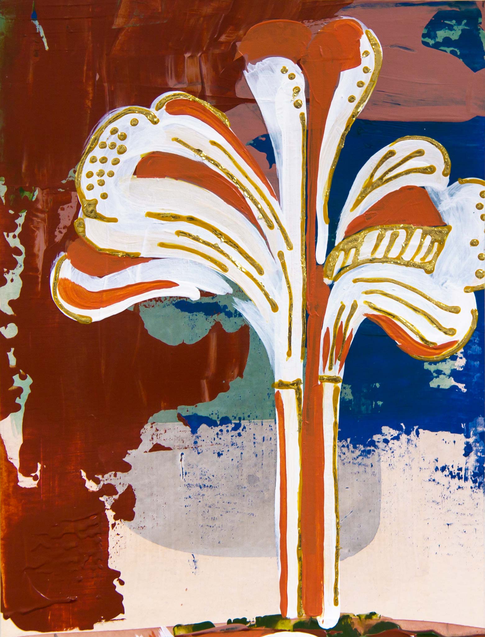 Close-up of Teale Hatheway’s Forma Coloris Lux Mentis — Study No. 4, a mixed-media architectural painting featuring a sweeping ornamental motif in white and terracotta with hand-applied gold gilding, set against layered abstract blocks of red, blue, green, and blush tones.