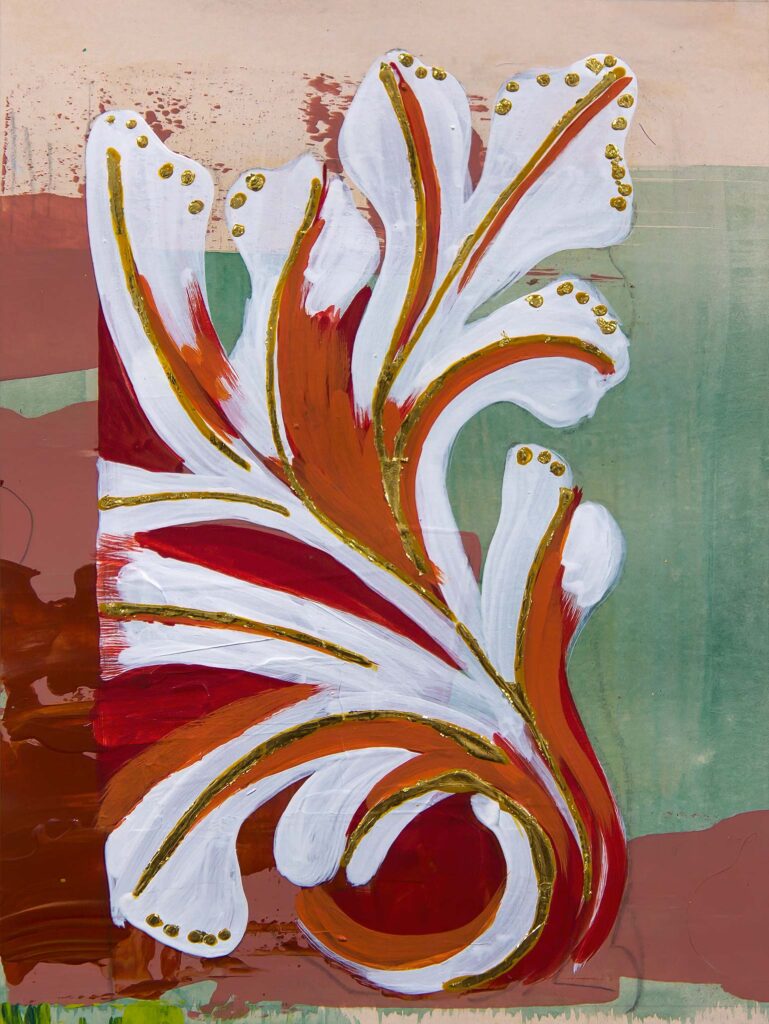 Abstract architectural painting of a neoclassical foliate scroll motif by Teale Hatheway, featuring dynamic white and terracotta curves outlined in gold leaf, set against a layered green and red ochre background. A richly colored interpretation of classical ornament and decorative form on paper.