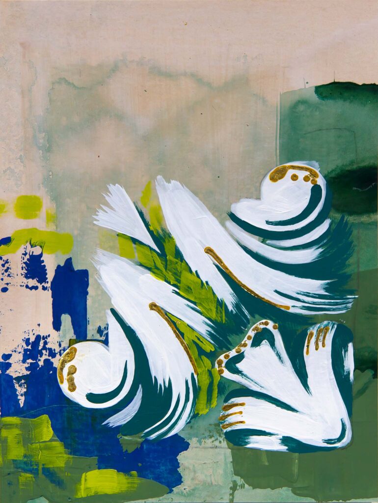 Abstract architectural painting by Teale Hatheway featuring stylized volute and foliate forms in teal, white, and gold, evoking classical ornament through gestural strokes. Set against a layered background of blue, green, and buff tones, the composition explores the expressive potential of architectural detail, movement, and color.