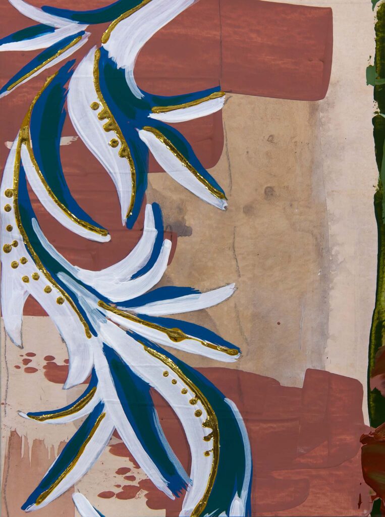 Abstract architectural painting by Teale Hatheway featuring a stylized foliate scroll motif reminiscent of classical rinceau or ornamental vine patterns. Curving white and deep blue leaves are outlined in gold over a layered terracotta and parchment background, capturing the rhythm and elegance of historical decorative trim.